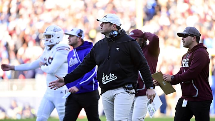 Nov 29, 2024; Oxford, Mississippi, USA;  Mississippi State Bulldogs head coach Jeff Lebby  reacts after a touchdown against the Mississippi Rebels at Vaught-Hemingway Stadium. Mandatory Credit: Matt Bush-Imagn Images
