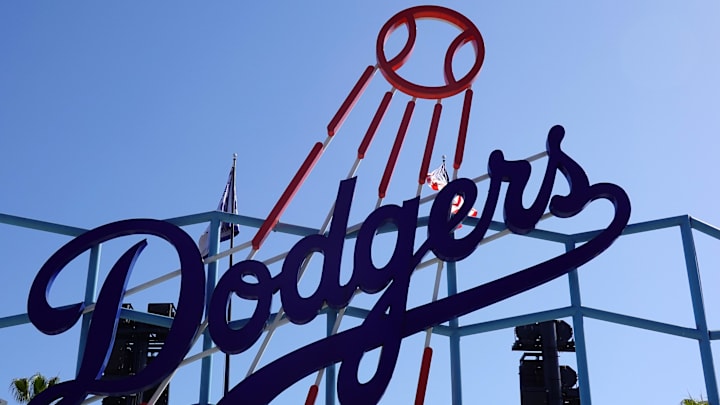 Apr 29, 2025; Los Angeles, California, USA; The Los Angeles Dodgers logo in the outfield pavilion at Dodger Stadium. Mandatory Credit: Kirby Lee-Imagn Images