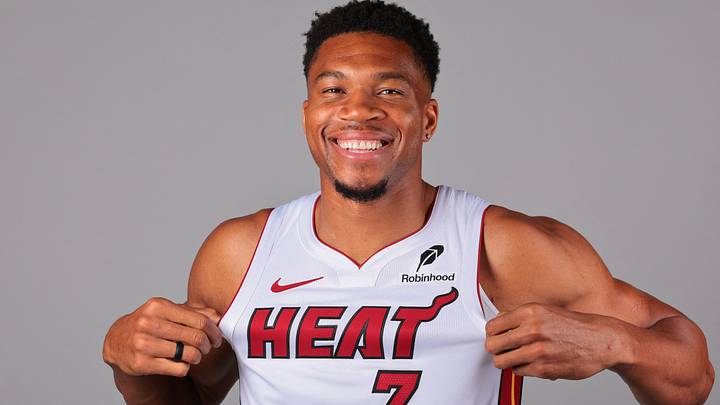 Miami Heat forward Giannis Antetokounmpo (7) poses (Mandatory Credit: Sam Navarro-Imagn Images) Miami Heat forward Giannis Antetokounmpo (7) poses (Mandatory Credit: Sam Navarro-Imagn Images)