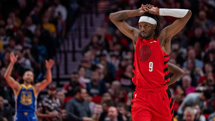 Oct 23, 2024; Portland, Oregon, USA;  Portland Trailblazers shooting forward Jerami Grant (9) reacts during the second half against the Golden State Warriors at Moda Center. Mandatory Credit: Stephen Brashear-Imagn Images