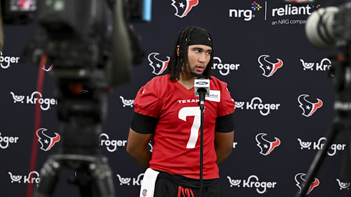 Jun 10, 2025; Houston, TX, USA; Houston Texans quarterback C.J. Stroud speaks at a press conference after an NFL football minicamp at NRG Stadium. Mandatory Credit: Maria Lysaker-Imagn Images 