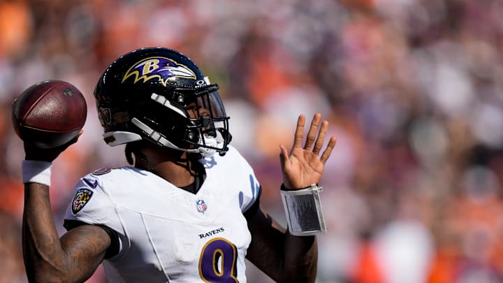 Baltimore Ravens quarterback Lamar Jackson (8) throws a pass in the fourth quarter of the NFL Week 5 game between the Cincinnati Bengals and Baltimore Ravens at Paycor Stadium in downtown Cincinnati on Sunday, Oct. 6, 2024.