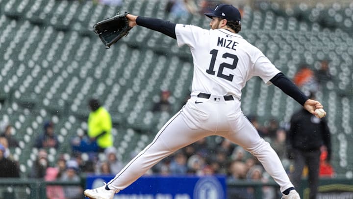 Apr 7, 2025; Detroit, Michigan, USA;  Detroit Tigers pitcher Casey Mize (12) delivers in the first inning against the New York Yankees at Comerica Park.