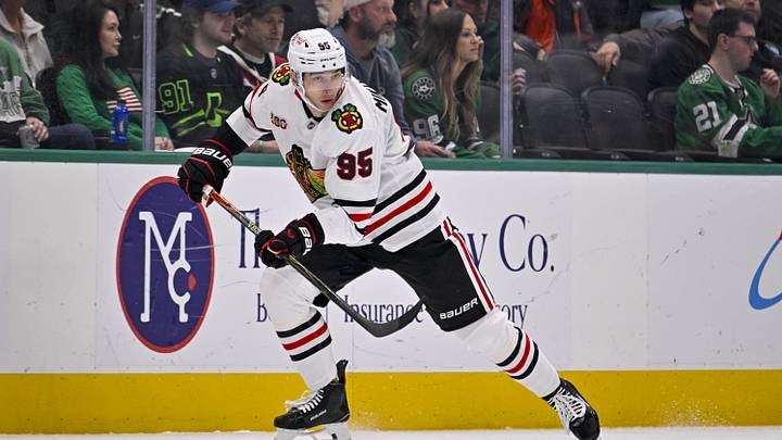 Mar 8, 2026; Dallas, Texas, USA; Chicago Blackhawks right wing Ilya Mikheyev (95) skates against the Dallas Stars during the game between the Stars and the Blackhawks at American Airlines Center. Mandatory Credit: Jerome Miron-Imagn Images