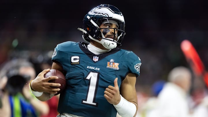 Feb 9, 2025; New Orleans, LA, USA; Philadelphia Eagles quarterback Jalen Hurts (1) against the Kansas City Chiefs during Super Bowl LIX at Ceasars Superdome. Mandatory Credit: Mark J. Rebilas-Imagn Images