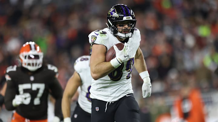Nov 16, 2025; Cleveland, Ohio, USA; Baltimore Ravens tight end Mark Andrews (89) runs for a touchdown during the fourth quarter against the Cleveland Browns at Huntington Bank Field. Mandatory Credit: Scott Galvin-Imagn Images