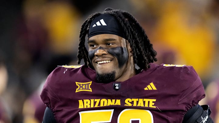 Nov 28, 2025; Tempe, Arizona, USA; Arizona State Sun Devils offensive lineman Max Iheanachor (58) against the Arizona Wildcats during the 99th Territorial Cup at Mountain America Stadium. Mandatory Credit: Mark J. Rebilas-Imagn Images