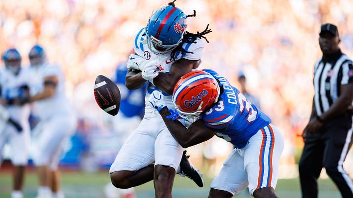 Florida Gators safety DJ Coleman breaks up a pass to Mississippi Rebels wide receiver Samari Reed during the first half at Ben Hill Griffin Stadium. Mandatory Credit: Matt Pendleton-Imagn Images Florida Gators safety DJ Coleman breaks up a pass to Mississippi Rebels wide receiver Samari Reed during the first half at Ben Hill Griffin Stadium. Mandatory Credit: Matt Pendleton-Imagn Images