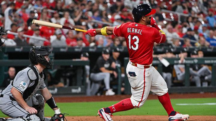 Sep 11, 2026; St. Louis, Missouri, USA; St. Louis Cardinals catcher Leo Bernal (13) hits a one run single against the Chicago White Sox during the seventh inning at Busch Stadium. Mandatory Credit: Jeff Curry-Imagn Images Sep 11, 2026; St. Louis, Missouri, USA; St. Louis Cardinals catcher Leo Bernal (13) hits a one run single against the Chicago White Sox during the seventh inning at Busch Stadium. Mandatory Credit: Jeff Curry-Imagn Images