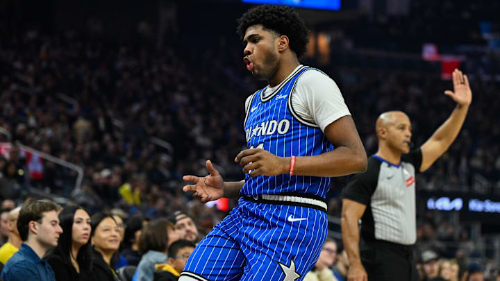 Dec 22, 2025; San Francisco, California, USA;  Orlando Magic guard Jase Richardson (11) celebrates a three point basket against the Golden State Warriors in the first quarter at Chase Center. Mandatory Credit: Eakin Howard-Imagn Images