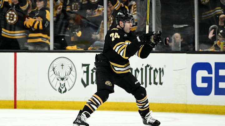 Toronto Maple Leafs v Boston Bruins - Game One: Bruins forward Jake DeBrusk celebrates after scoring a goal in game one against the Maple Leafs