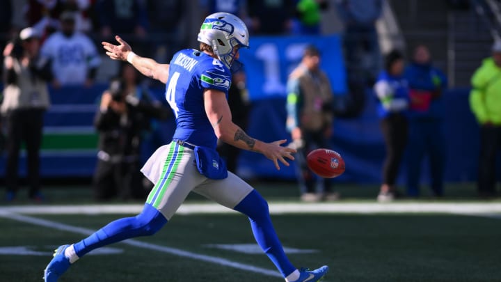 Oct 29, 2023; Seattle, Washington, USA; Seattle Seahawks punter Michael Dickson (4) punts the ball against the Cleveland Browns at Lumen Field. Mandatory Credit: Steven Bisig-USA TODAY Sports
