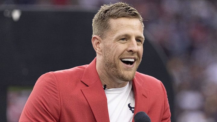 Oct 1, 2023; Houston, Texas, USA; Former Houston Texans JJ Watt speaks to the fans during his Ring Of Honor Ceremony at halftime during the game between the Texans and Pittsburgh Steelers at NRG Stadium. Mandatory Credit: Thomas Shea-Imagn Images