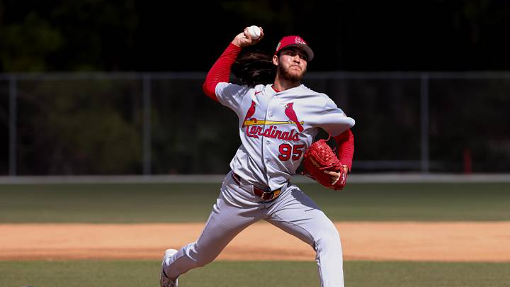 Feb 14, 2026; Jupiter, FL, USA; St. Louis Cardinals pitcher Luis Gastelum (95) delivers a pitch during a spring training workout at Roger Dean Chevrolet Stadium. Mandatory Credit: Sam Navarro-Imagn Images