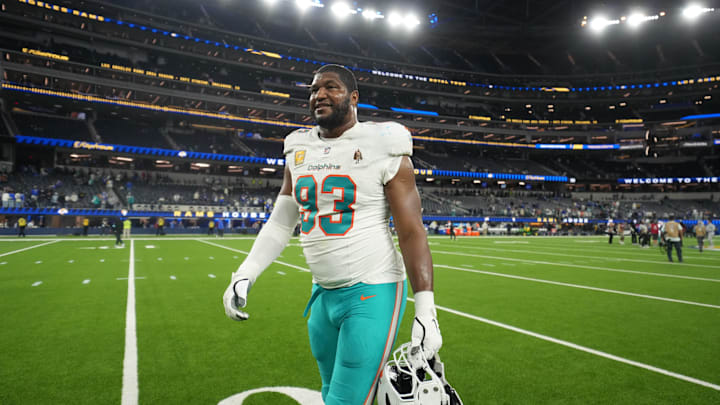 Nov 11, 2024; Inglewood, California, USA; Miami Dolphins defensive tackle Calais Campbell (93) leaves the field after the game against the Los Angeles Rams at SoFi Stadium. Mandatory Credit: Kirby Lee-Imagn Images