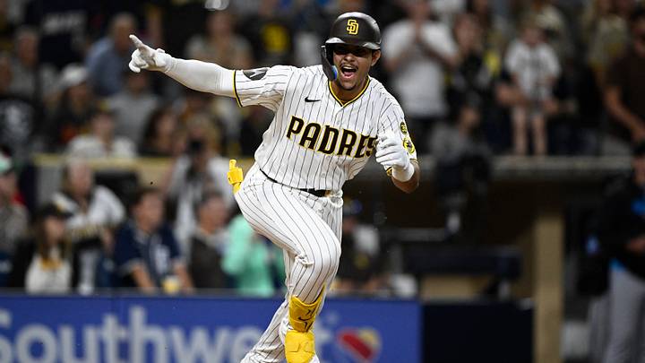 Sep 19, 2026; San Diego, California, USA;  San Diego Padres pinch hitter Ethan Salas (8) celebrates after hitting a walk-off single during the tenth inning against the Miami Marlins at Petco Park.  Mandatory Credit: Denis Poroy-Imagn Images