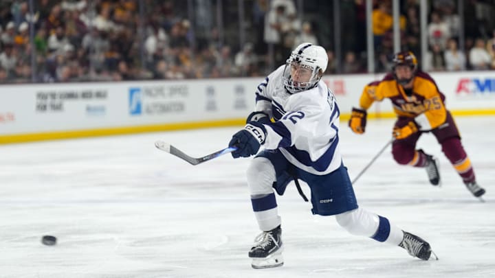 Penn State Nittany Lions forward Gavin McKenna (72) shoots against the Arizona State Sun Devils during the third period at Mullett Arena. 