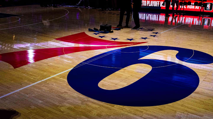 May 11, 2023; Philadelphia, Pennsylvania, USA; General view of center court with the Philadelphia 76ers logo before game six of the 2023 NBA playoffs against the Boston Celtics at Wells Fargo Center. Mandatory Credit: Bill Streicher-Imagn Images
