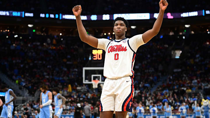 Mar 21, 2025; Milwaukee, WI, USA; Mississippi Rebels forward Malik Dia (0) celebrates after a play during the second half of a first round NCAA men’s tournament game against the North Carolina Tar Heels at Fiserv Forum. Mandatory Credit: Benny Sieu-Imagn Images