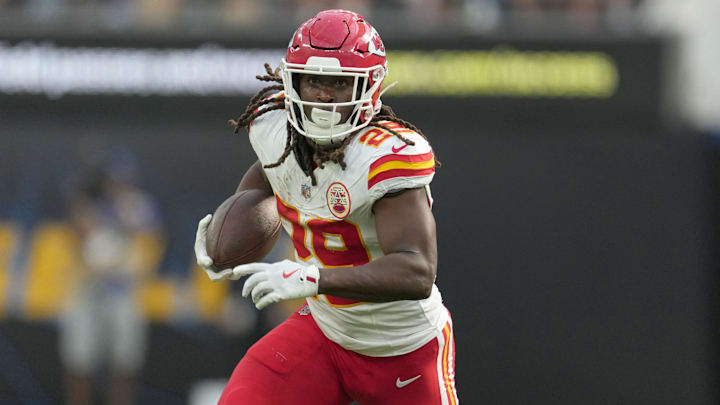Sep 29, 2024; Inglewood, California, USA; Kansas City Chiefs running back Kareem Hunt (29) carries the ball against the Los Angeles Chargers in the second half at SoFi Stadium.