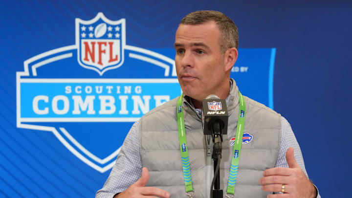 Feb 25, 2025; Indianapolis, IN, USA; Buffalo Bills general manager Brandon Beane speaks during the NFL Scouting Combine at the Indiana Convention Center.