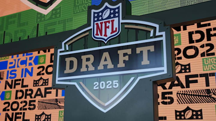 Apr 23, 2025; Green Bay, WI, USA; A general overall view of the 2025 NFL Draft logo on the Draft stage at Lambeau Field. Mandatory Credit: Kirby Lee-Imagn Images