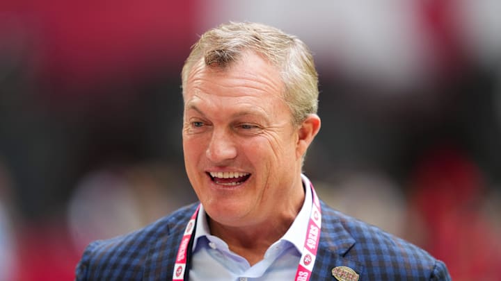 Nov 16, 2025; Glendale, Arizona, USA; San Francisco 49ers general manager John Lynch speaks on the sidelines before the game against the Arizona Cardinals at State Farm Stadium. Mandatory Credit: Joe Camporeale-Imagn Images Nov 16, 2025; Glendale, Arizona, USA; San Francisco 49ers general manager John Lynch speaks on the sidelines before the game against the Arizona Cardinals at State Farm Stadium. Mandatory Credit: Joe Camporeale-Imagn Images
