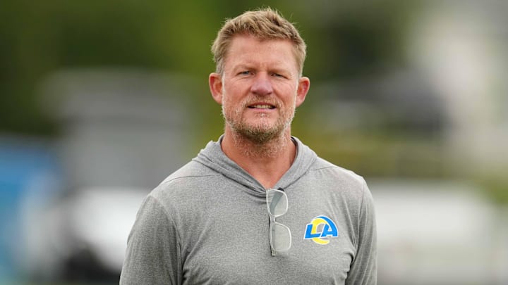 May 23, 2023, Thousand Oaks, CA, USA; Los Angeles Rams general manager Les Snead during organized team activities at Cal Lutheran. Mandatory Credit: Kirby Lee-USA TODAY Sports