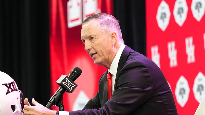 Jul 7, 2026; Frisco, TX, USA; Houston head coach Willie Fritz speaks to reporters during Big 12 Conference Football Media Days at The Star. Mandatory Credit: Raymond Carlin III-Imagn Images Jul 7, 2026; Frisco, TX, USA; Houston head coach Willie Fritz speaks to reporters during Big 12 Conference Football Media Days at The Star. Mandatory Credit: Raymond Carlin III-Imagn Images