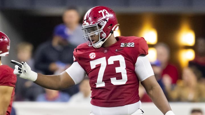 Jan 10, 2022; Indianapolis, IN, USA; Alabama Crimson Tide offensive lineman Evan Neal (73) against the Georgia Bulldogs in the 2022 CFP college football national championship game at Lucas Oil Stadium. Mandatory Credit: Mark J. Rebilas-Imagn Images