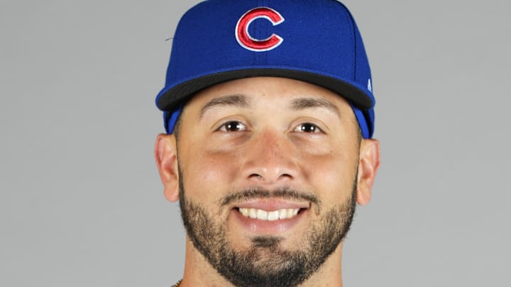 Feb 23, 2023; Mesa, AZ, USA; Chicago Cubs infielder Edwin Rios (30) poses for images during photo Feb 23, 2023; Mesa, AZ, USA; Chicago Cubs infielder Edwin Rios (30) poses for images during photo