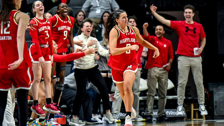 Maryland's Rainey Welson gets back on defense as the bench celebrates her 3-pointer against Michigan State during the third quarter on Wednesday, Feb. 4, 2026, at the Breslin Center in East Lansing. Maryland's Rainey Welson gets back on defense as the bench celebrates her 3-pointer against Michigan State during the third quarter on Wednesday, Feb. 4, 2026, at the Breslin Center in East Lansing.