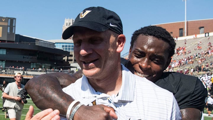 Vanderbilt’s head coach, Clark Lea, is embraced following its win after Saturday’s game between Vanderbilt and Virginia Tech at FirstBank Stadium in Nashville , Tenn., Saturday, Aug. 31, 2024.