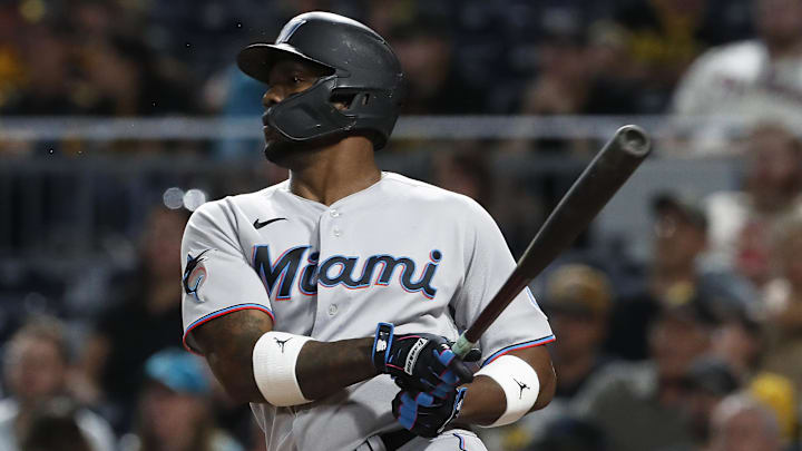 Sep 30, 2023; Pittsburgh, Pennsylvania, USA; Miami Marlins designated hitter Jorge Soler (12) drives