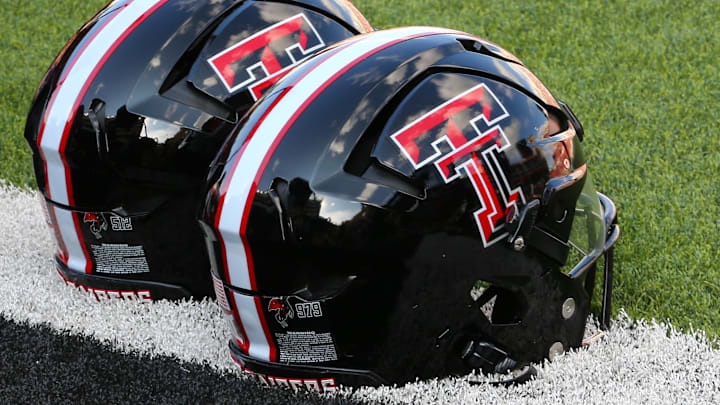 Sep 21, 2024; Lubbock, Texas, USA;  A general view of Texas Tech Red Raiders helmets on the turf before the game between the Arizona State Sun Devils and the Texas Tech Red Raiders at Jones AT&T Stadium and Cody Campbell Field. Mandatory Credit: Michael C. Johnson-Imagn Images