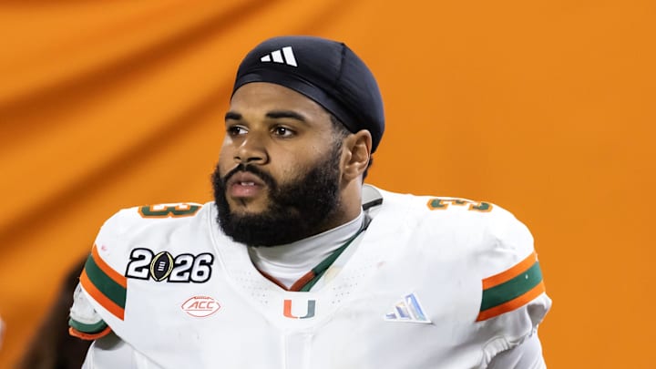 Jan 19, 2026; Miami Gardens, FL, USA; Miami Hurricanes defensive lineman Akheem Mesidor (3) against the Indiana Hoosiers during the College Football Playoff National Championship game at Hard Rock Stadium. Mandatory Credit: Mark J. Rebilas-Imagn Images