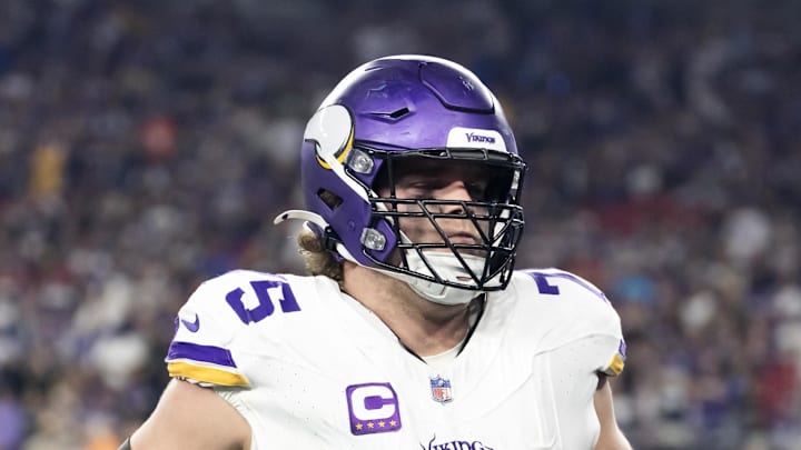 Jan 13, 2025; Glendale, AZ, USA; Minnesota Vikings tackle Brian O'Neill (75) against the Los Angeles Rams during an NFC wild card game at State Farm Stadium. Mandatory Credit: Mark J. Rebilas-Imagn Images