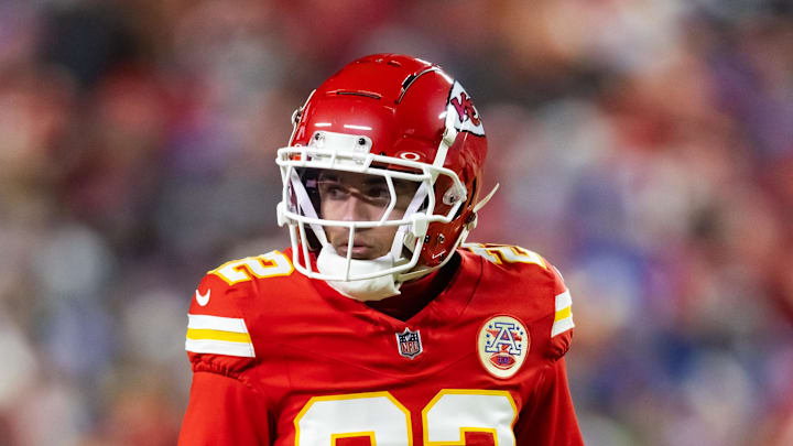 Jan 26, 2025; Kansas City, MO, USA; Kansas City Chiefs cornerback Trent McDuffie (22) against the Buffalo Bills in the AFC Championship game at GEHA Field at Arrowhead Stadium. Mandatory Credit: Mark J. Rebilas-Imagn Images