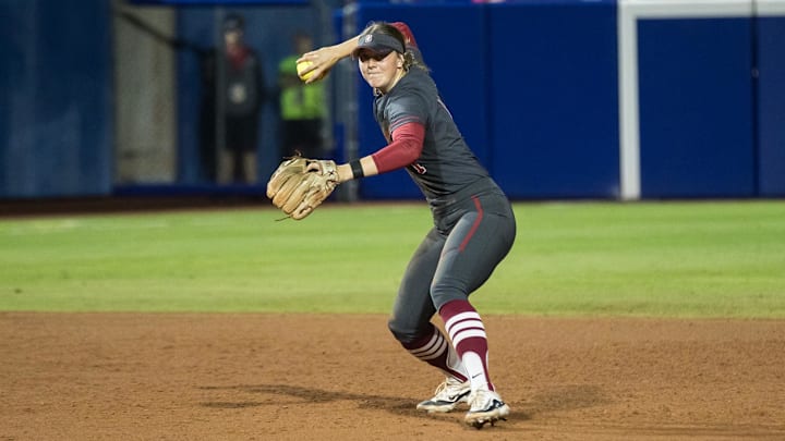 Jun 2, 2024; Oklahoma City, OK, USA; Stanford Cardinals infielder River Mahler (1) throws to first to make the final out in the seventh inning against the UCLA Bruins during a Women's College World Series softball losers bracket elimination game at Devon Park. Mandatory Credit: Brett Rojo-Imagn Images Jun 2, 2024; Oklahoma City, OK, USA; Stanford Cardinals infielder River Mahler (1) throws to first to make the final out in the seventh inning against the UCLA Bruins during a Women's College World Series softball losers bracket elimination game at Devon Park. Mandatory Credit: Brett Rojo-Imagn Images