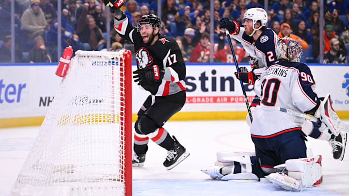 Jason Zucker (17) celebrating his goal in a game against the Columbus Blue Jackets. 