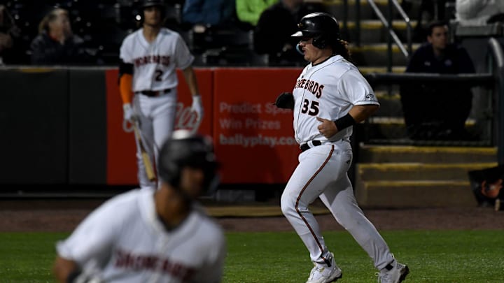 Shorebirds' Creed Willems (35) runs home against the Cannon Ballers Tuesday, April 11, 2023, at Perdue Stadium in Salisbury, Maryland. The Shorebirds defeated the Cannon Ballers 7-2.

Bbm Delmarva Shorebirds Kannapolis Cannon Ballers