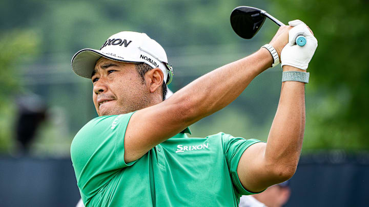 Japanese professional golfer Hideki Matsuyama tees off on the 13th hole at the 2024 PGA Championship