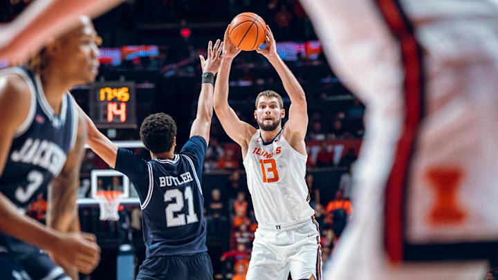 Illinois center Tomislav Ivisic (13) looks for a cutter in the Illini's 113-55 win over Jackson State in the team's season opener last month at State Farm Center in Champaign, Illinois.