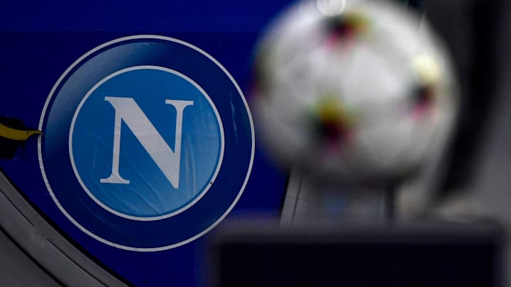 SSC Napoli logo is seen behind the ball during the Champions...