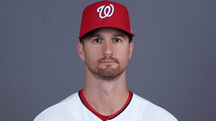 Feb 20, 2026; Palm Beach County, FL, USA;  Washington Nationals pitcher Foster Griffin (22) poses for a portrait during photo day at CACTI Park of the Palm Beaches. Mandatory Credit: Jim Rassol-Imagn Images