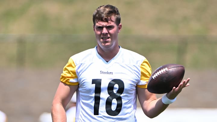 Jul 25, 2025; Pittsburgh, PA, USA; Pittsburgh Steelers quarterback Will Howard (18) participates in drills during training camp at Saint Vincent College. Mandatory Credit: Barry Reeger-Imagn Images