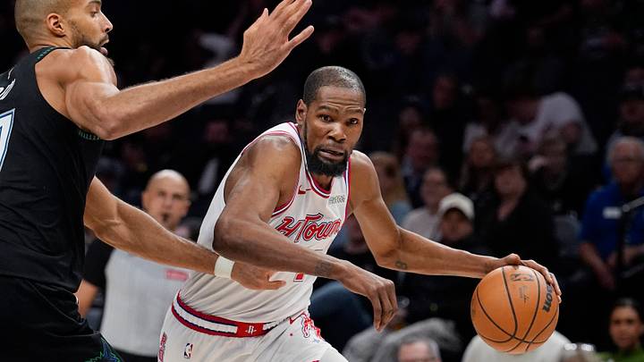 Mar 25, 2026; Minneapolis, Minnesota, USA; Houston Rockets forward Kevin Durant (7) goes to the basket against Minnesota Timberwolves center Rudy Gobert (27) in the third quarter at Target Center. Mandatory Credit: Bruce Kluckhohn-Imagn Images Mar 25, 2026; Minneapolis, Minnesota, USA; Houston Rockets forward Kevin Durant (7) goes to the basket against Minnesota Timberwolves center Rudy Gobert (27) in the third quarter at Target Center. Mandatory Credit: Bruce Kluckhohn-Imagn Images