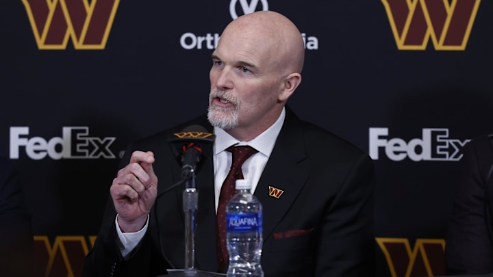 Feb 5, 2024; Ashburn, VA, USA; Washington Commanders head coach Dan Quinn speaks