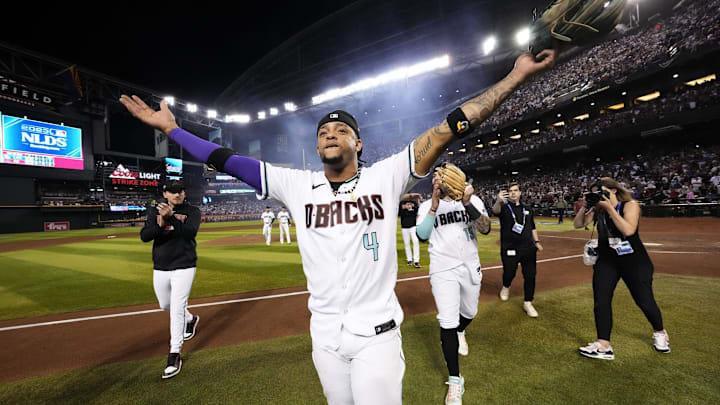 Arizona Diamondbacks second baseman Ketel Marte (4) celebrates after sweeping the Los Angeles Dodgers 3-0 to win the NLDS at Chase Field in Phoenix on Oct. 11, 2023. Arizona Diamondbacks second baseman Ketel Marte (4) celebrates after sweeping the Los Angeles Dodgers 3-0 to win the NLDS at Chase Field in Phoenix on Oct. 11, 2023.