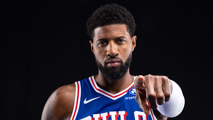 Sep 26, 2025; Camden, NJ, USA; Philadelphia 76ers Paul George poses for a photo during media day. Mandatory Credit: Bill Streicher-Imagn Images